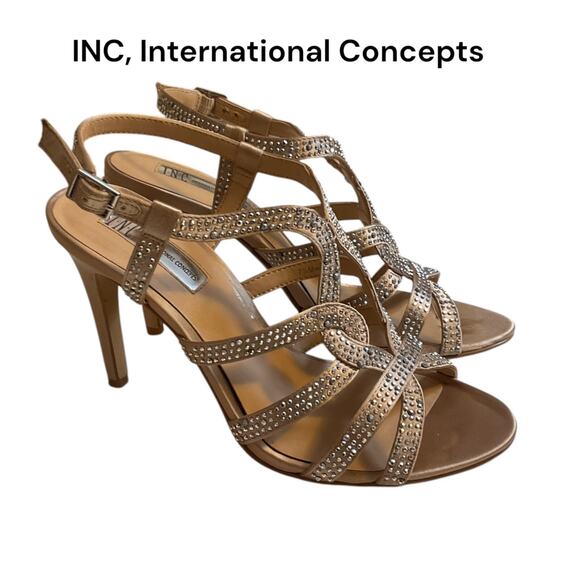 INC International Concepts Sandal Heel 7.5M Randii Bisque Rhinestone-Read Flaw - Picture 1 of 15